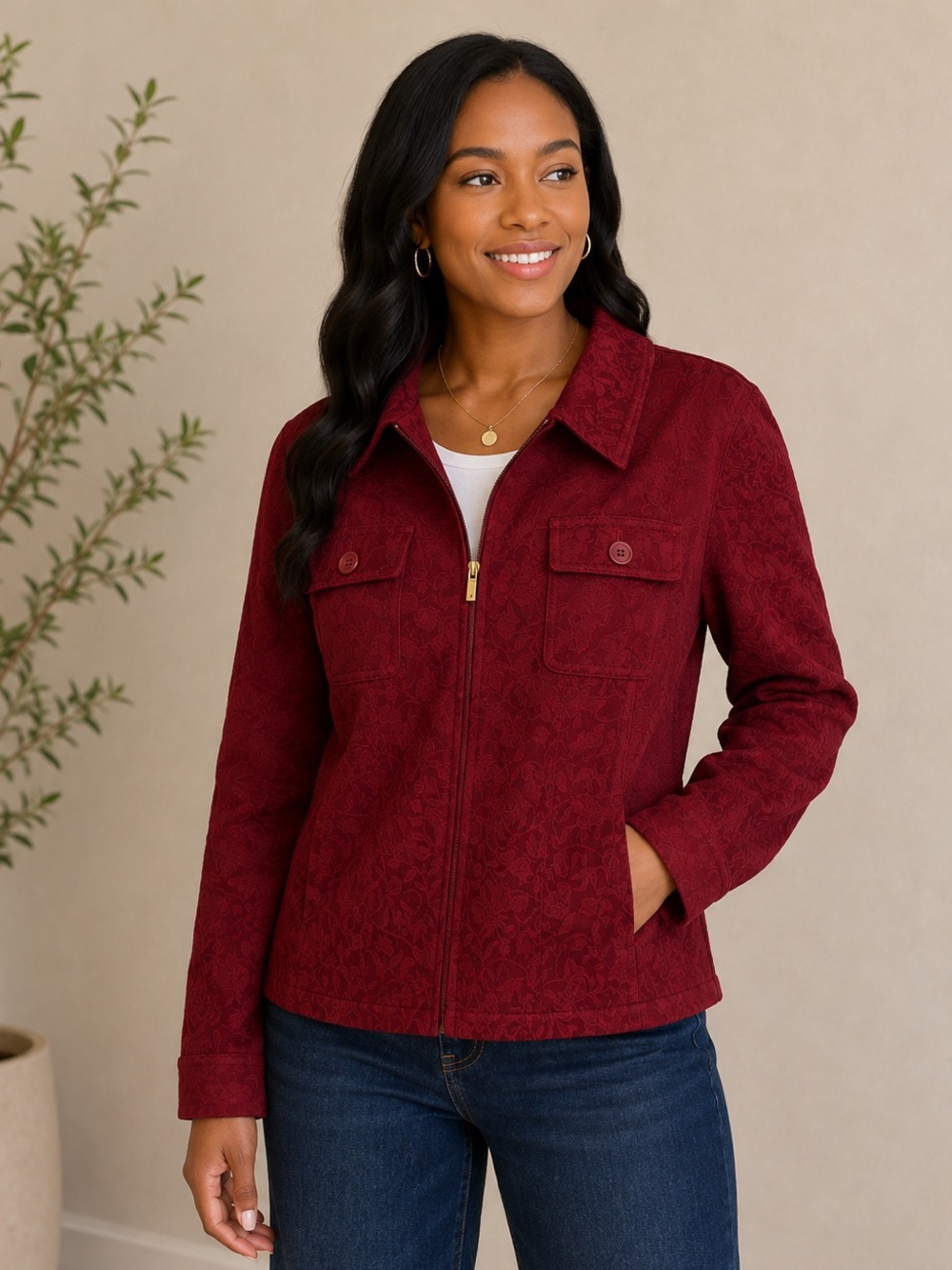 Jones New York Deep Red Zip-Front Jacket